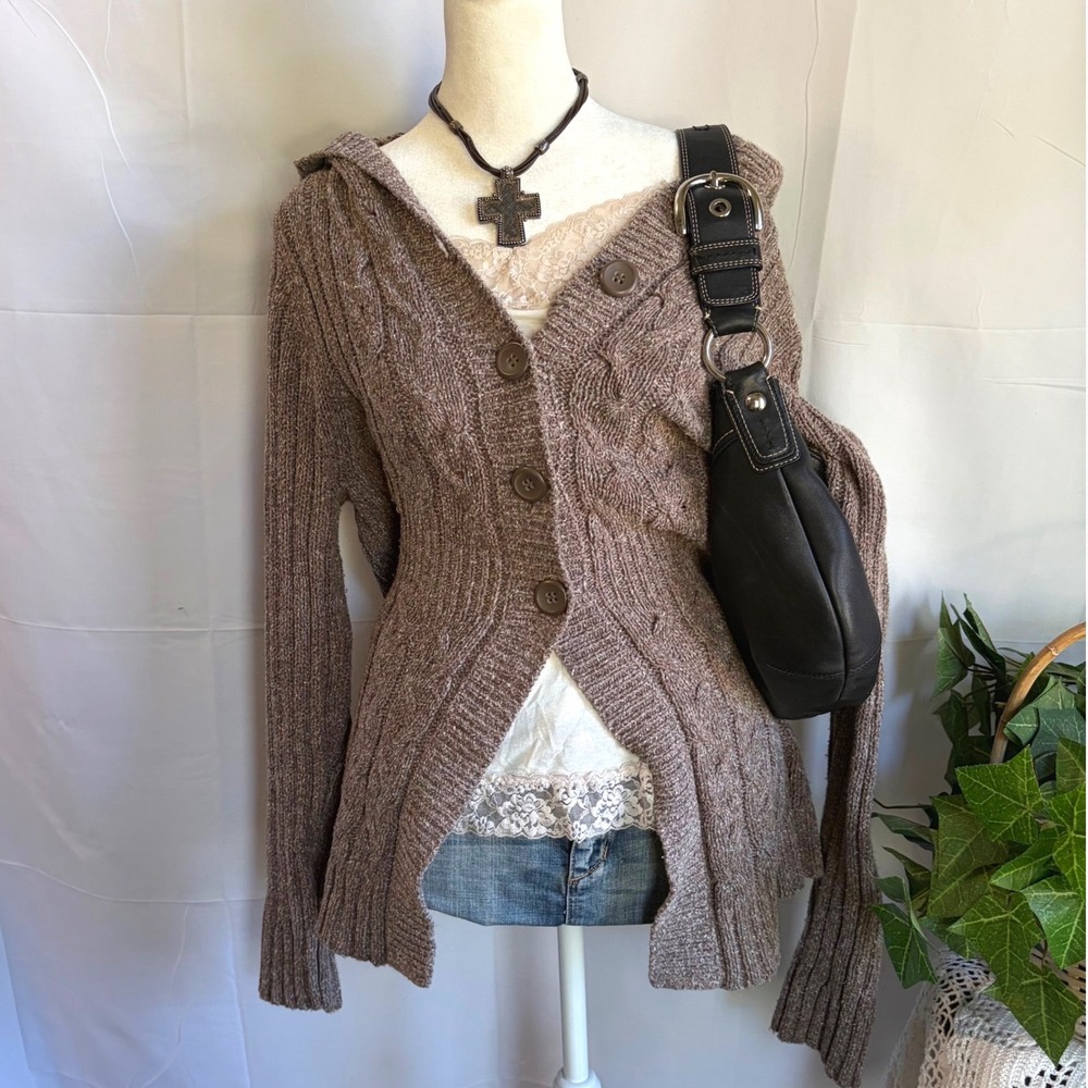Y2K Babydoll Fall Brown Cable Knit Hooded Cardigan Sweater XL